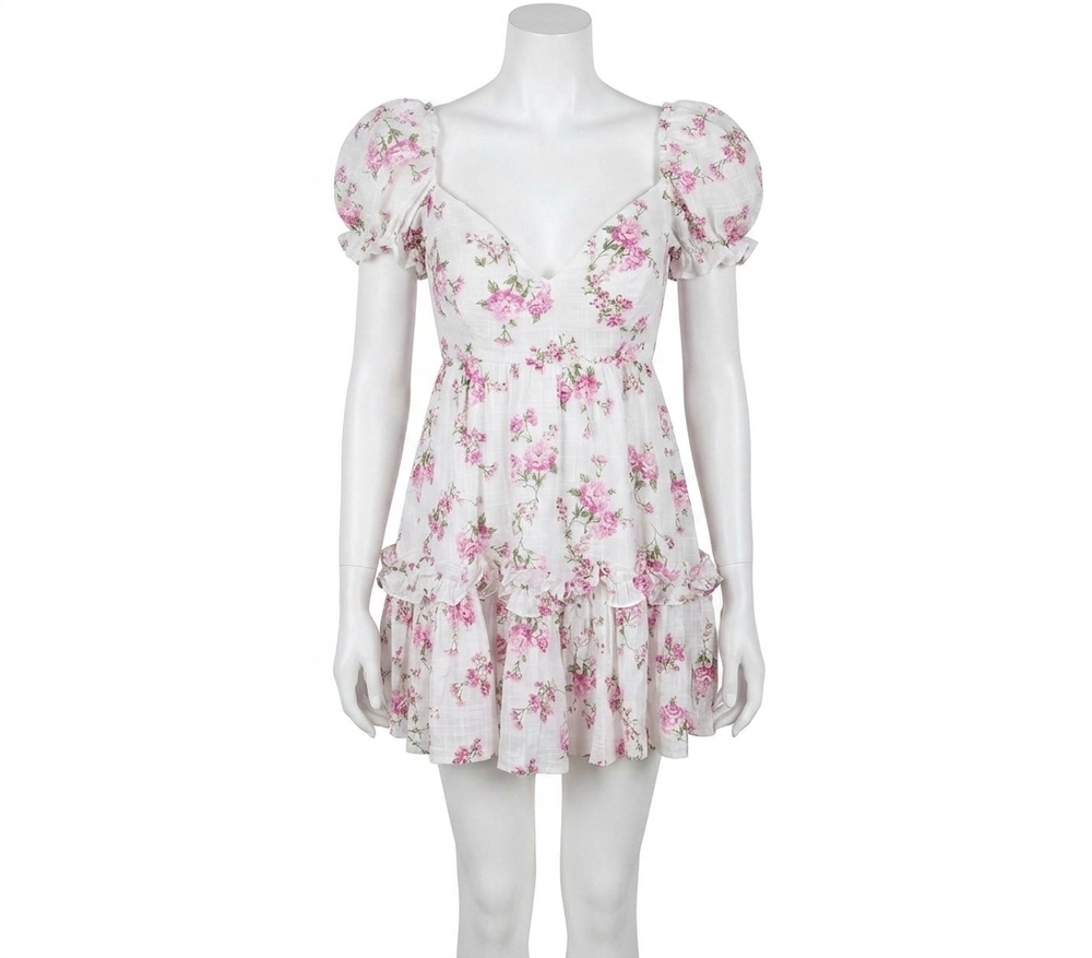 NEW SKY TO MOON floral puff sleeve open back dress in soft pink rose